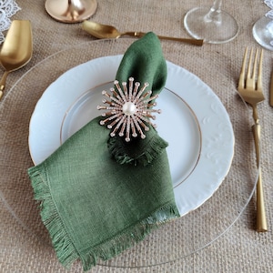 Linen napkin bulk, Moss green cloth dinner napkins, Natural softened fringed linen napkins, Wedding napkins LN 156 image 1