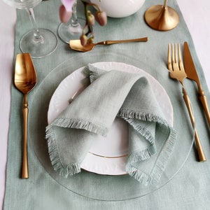 Sage green Linen napkin bulk, Natural softened fringed linen napkins, Wedding napkins, LN 146 image 2