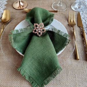 Linen napkin bulk, Moss green cloth dinner napkins, Natural softened fringed linen napkins, Wedding napkins LN 156 image 6