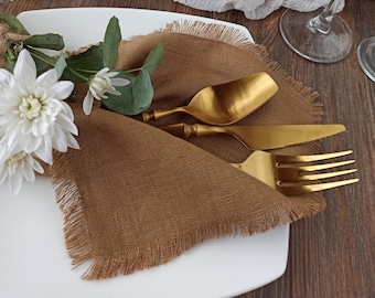 Wedding napkins linen bulk - Cloth napkins for wedding table decor, Golden Brown linen napkins, Natural softened fringed Cocktail napkins