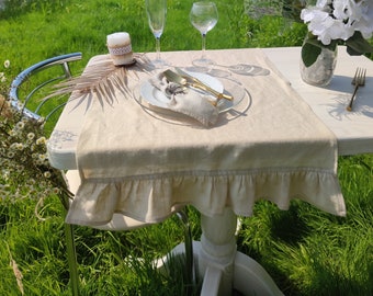 Linen table runner with ruffle, Sand Linen tablecloth, Washed soft linentable cloth