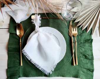 Green linen placemats with ruffle, Natural stonewashed linen placemat set, Dinner place mat