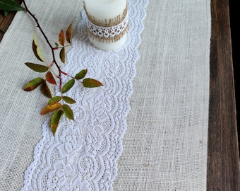Burlap table runner farmhouse, Ivory burlap table runner with white lace, Jute table runner