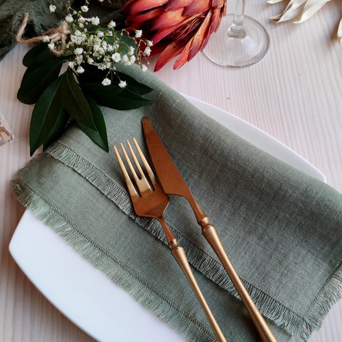 Linen Napkin Bulk Dark Sage Green Fringed Linen Napkins Etsy