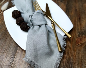 Light gray Linen napkin bulk, Natural softened fringed linen napkins, Wedding napkins, LN - 155