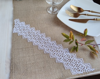 Wedding table runner lace, Table runner burlap with white lace, Farmhouse runner Wedding decor