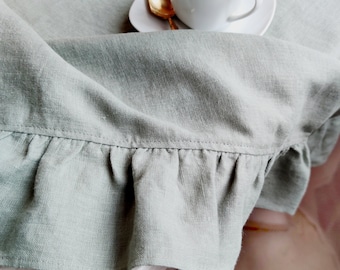 Linen tablecloth for kitchen decor, Custom size cloth in rectangle, oval, or round Sage green boho table cloth Large tablecloth with ruffles