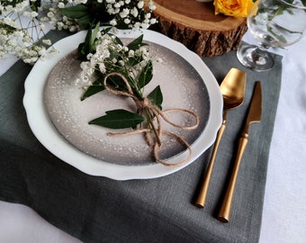 Table decor for wedding, Dark grey linen placemats, Natural linen placemats set of 2, 4, 8, 10,