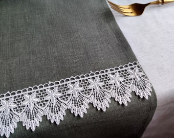 Dark grey linen table runner with white lace,  Linen Table Decor, Table runner wedding