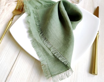 Olive linen napkins, Wedding napkins cloth,  Natural softened fringed linen napkins, LN - 112