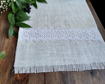 Wedding table runner fringed, Ivory burlap table runner with white lace, Farmhouse runner