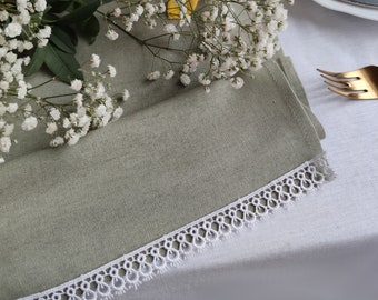 Sage green table runner, Linen viscose runner with white lace, Wedding table runner