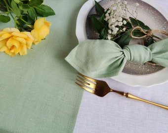 Chemin de table en lin vert sauge, dessus de table en lin, nappe en lin, chemin de table en lin doux lavé couleur personnalisée