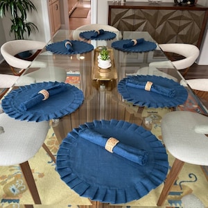 Tovagliette rotonde per decorazioni da tavola per matrimoni, Tovagliette in lino blu navy con volant, Tovagliette personalizzate vari colori 40+, Set di tovagliette 4, 6, 12