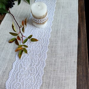 Burlap table runner farmhouse, Ivory burlap table runner with white lace, Jute table runner