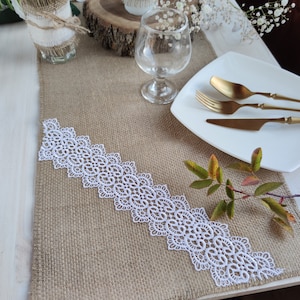 Wedding table runner lace, Table runner burlap with white lace, Farmhouse runner Wedding decor