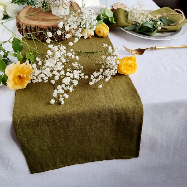 Olive green linen table runner, Rustic Wedding long table runner. Boho table centerpiece