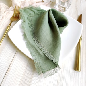 Olive linen napkins, Wedding cocktail napkins for rustic wedding decor,  Natural softened fringed linen napkins, Cloth dinner napkins