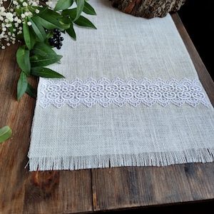 Wedding table runner fringed, Ivory burlap table runner with white lace, Farmhouse runner