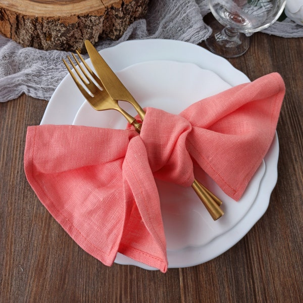Rustic linen napkins, Coral linen cocktail napkins, Wedding napkins linen, Cloth napkins LN - 119