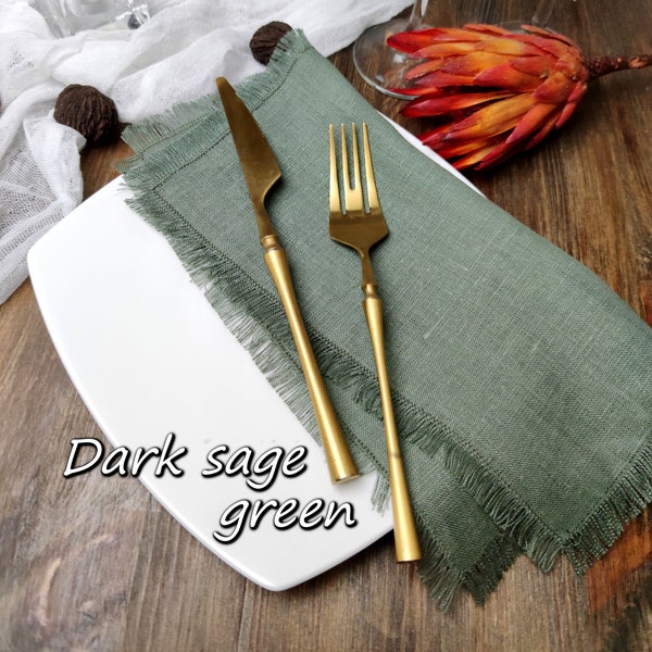 Linen napkin bulk, Dark sage green fringed linen napkins, Wedding napkins, LN - 1321