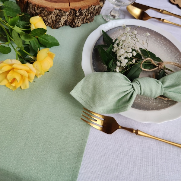 Chemin de table en lin vert sauge, dessus de table en lin, nappe en lin, chemin de table en lin doux lavé couleur personnalisée