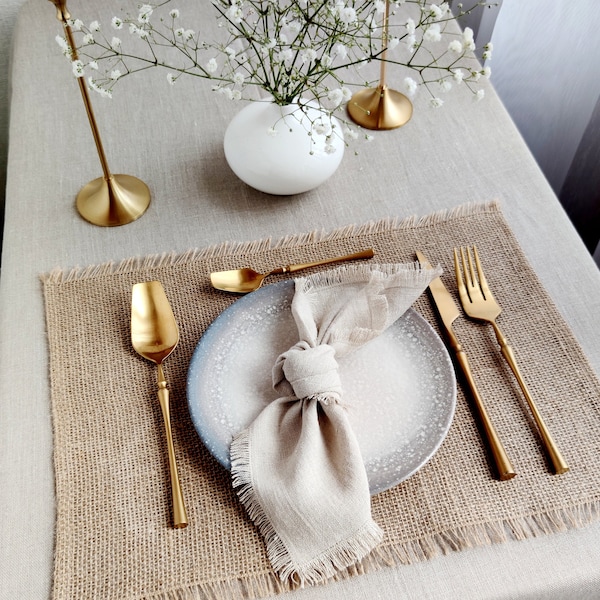 Jute Place mats bulk for Farmhouse, Natural burlap placemats with fringe for wedding, Rustic Decor, Natural placemats set