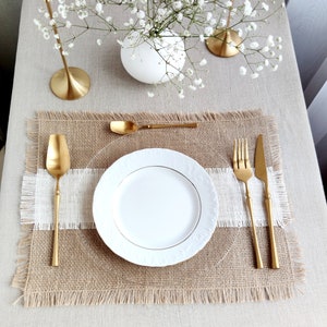 Natural Burlap placemat with fringe set, Jute Place mats bulk for Farmhouse, Wedding Rustic Decor