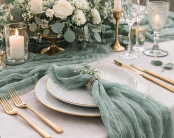 Sage green gauze table runner for rustic wedding decor, Boho cheesecloth runner for reception tables and centerpieces