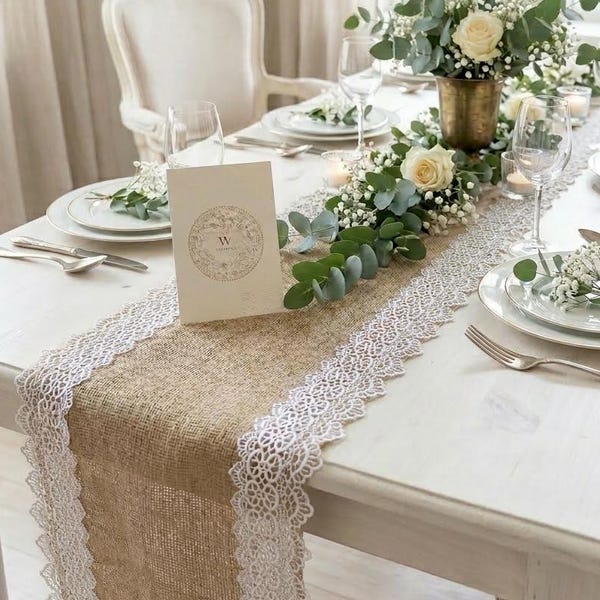 Burlap table runner with lace for wedding decor, Burlap Centerpiece for elegant decor, Farmhouse jute runner Custom table cover for events