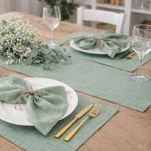 Camino de mesa de lino verde salvia - Mantel de lino suave lavado, decoración de mesa para bodas, cubremesas, fundas personalizadas al por mayor Cubremesas de lino