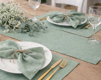 Sage Green Linen Table Runner - Washed Soft Linen Tablecloth, Wedding Table Decor, Table Topper, Bulk Custom Covers Linen table topper
