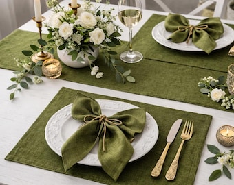 Olive green linen placemats, Natural cloth placemats set of 2, 4, 8, 10 for wedding table decor, Place mats rustic home decor