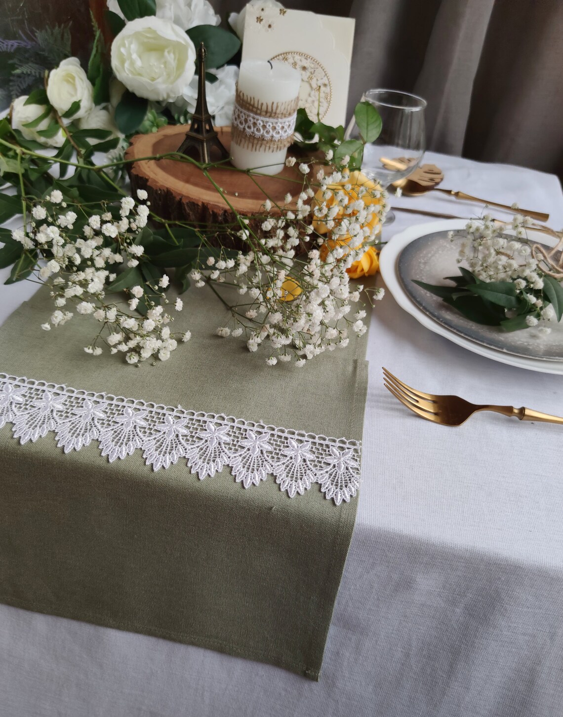 Sage Green Linen Viscose Table Runner With White Lace Home Etsy
