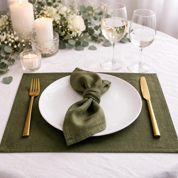 Grüne Leinen Tischsets für Hochzeitstisch Dekor, rustikale Bauernhaus Tuch Abendessen Tischsets Set 6, 8, 10, handgemachte Tischdekoration