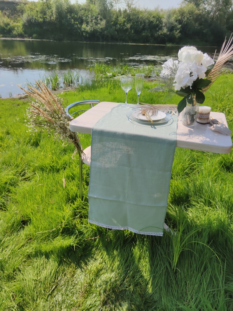 Sage Green Linen Table Runner With White Lace Linen Table Etsy