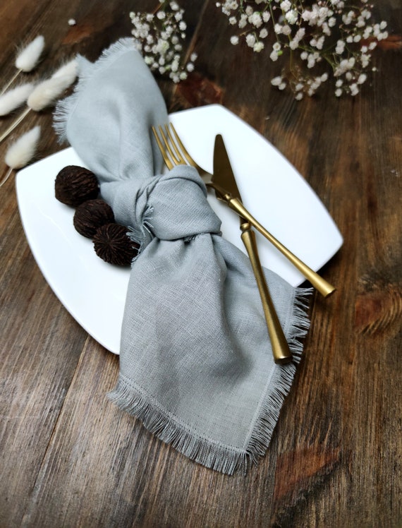 Light Gray Linen Napkin Bulk, Natural Softened Fringed Linen Napkins,  Wedding Napkins, LN 155 