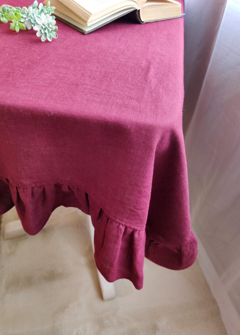 Linen tablecloth for kitchen decor, Custom size cloth in rectangle, oval, or round Sage green boho table cloth Large tablecloth with ruffles image 8