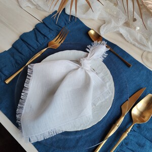 Navy blue linen placemats ruffled, Natural linen placemats set of 2, 4, 8, 10 farmhouse, Table decor for wedding image 2