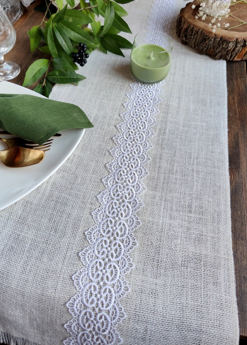 Ivory Burlap Table Runner With White Lace Burlap Runner for Etsy