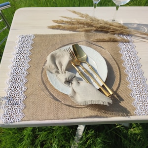 Place mats for dining tables, Burlap placemats with lace for wedding, Natural placemats set of 2, 4, 8, 10, Table decor