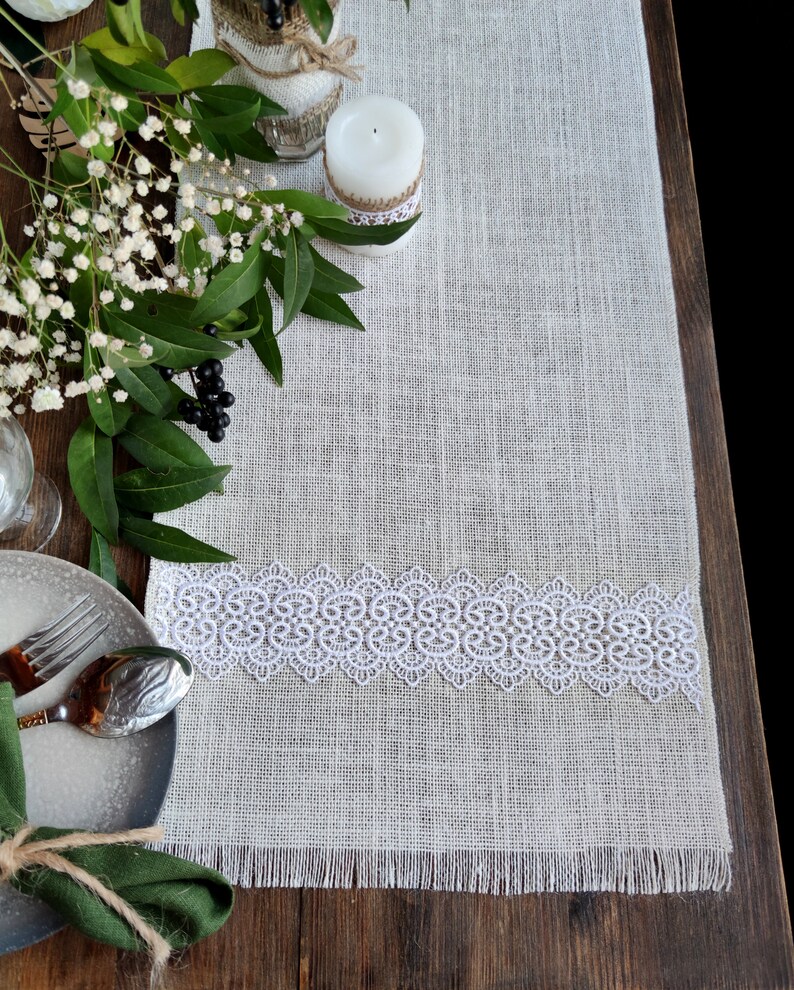 Wedding Table Runner Fringed, Ivory Burlap Table Runner With White Lace ...
