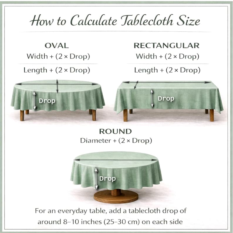 The image provides a visual guide on how to calculate the size of a tablecloth based on the dimensions of the table, including the width and drop measurements.