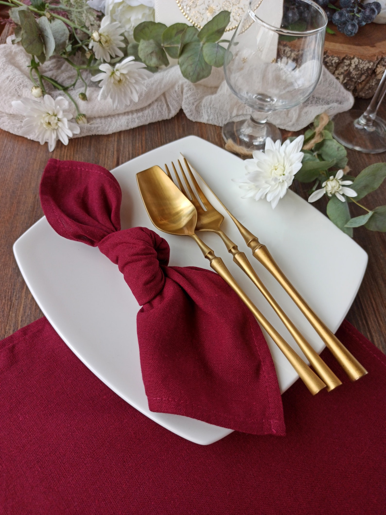 Cloth Napkin Set Burgundy Red Linen Viscose Napkins Dinner Etsy