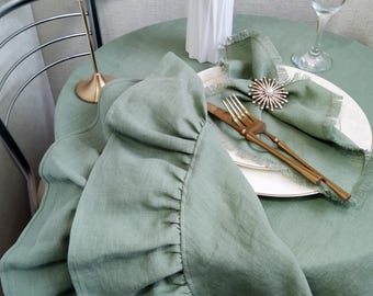 Custom size linen tablecloth with ruffles, Rectangle, round, or oval options, Sage boho table cloth, Perfect for wedding table decor
