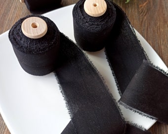 Cotton ribbon black, Wedding ribbon invitation, Ribbon for bouquet, Hand torn ribbon