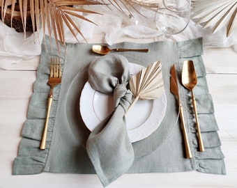 Sage linen placemats with ruffle, Natural linen placemats set of 2, 4, 8, 10, Table decor for wedding