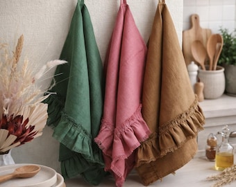 Paño de cocina de lino con volantes, toallas de cocina de lino rosa claro al por mayor, paño de cocina suave disponible en más de 40 colores