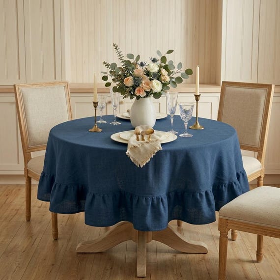 Marineblaue Leinentischdecke mit Rüschen, Boho Tischdecke für Küche und Hochzeitsdekor, Sondergröße Leinentischdecke Rechteck Oval oder Rund