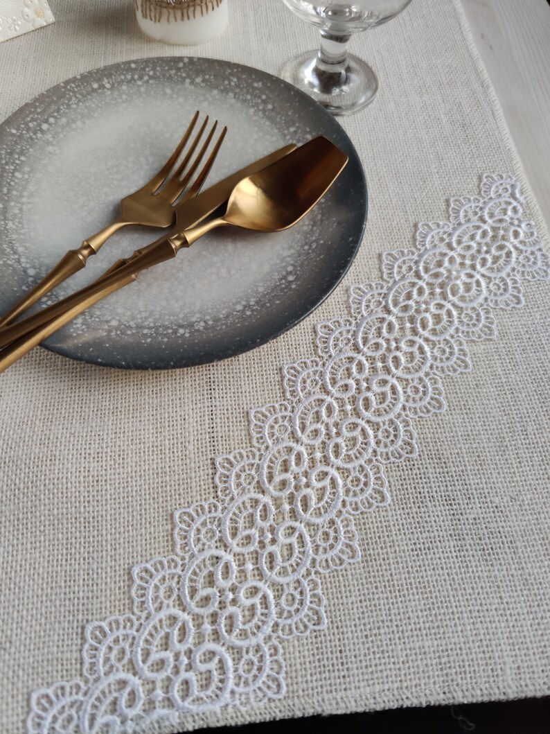 Wedding Table Runner, Ivory Burlap Table Runner With White Lace ...